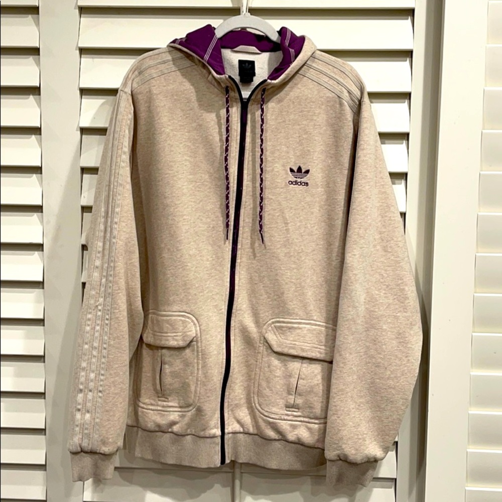 Adidas Beige/Purple Front Zipper Hoodie Size XL